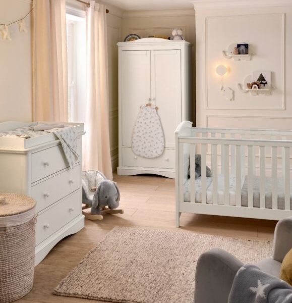 Mamas & Papas Flyn 3 Piece White Cotbed Range with Dresser Changer & Wardrobe