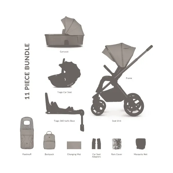 Venicci Upline 2 3-in-1 Pushchair with Tiago 360 Car Seat & Base, 11-Piece Bundle - Taupe