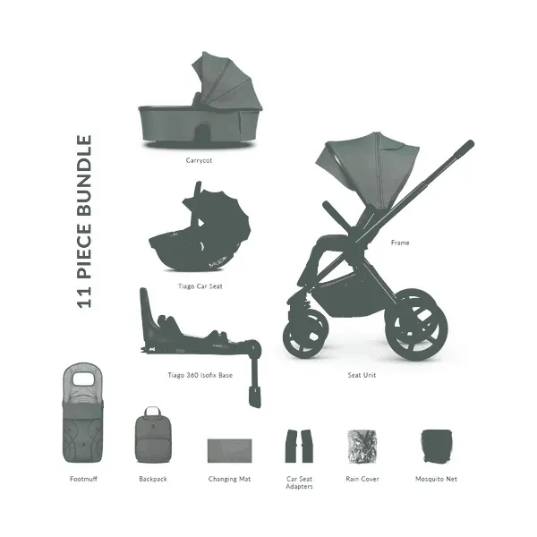 Venicci Upline 2 3-in-1 Pushchair with Tiago 360 Car Seat & Base, 11-Piece Bundle - Aloe