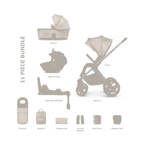 Venicci Upline 2 3-in-1 Pushchair with Tiago 360 Car Seat & Base, 11-Piece Bundle - Stone Beige